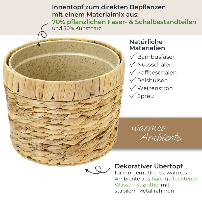 HMF 37280-19CM Nachhaltiger Blumentopf rund geflochten aus nachwachsenden Rohstoffen 19 cm Durchmesser