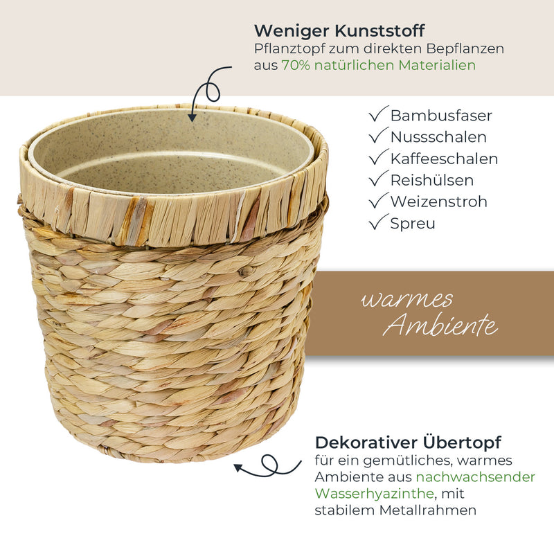 HMF 37280-25CM-S2 Nachhaltiger Blumentopf rund geflochten aus nachwachsenden Rohstoffen 2er Set 25 cm Durchmesser