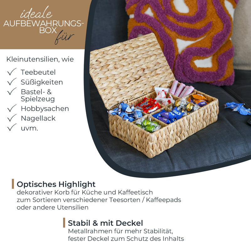 Eckige Teebox von HMF mit 8 Fächern, geflochten aus Wasserhyazinthe, in der Größe 33 x 21 x 10 cm