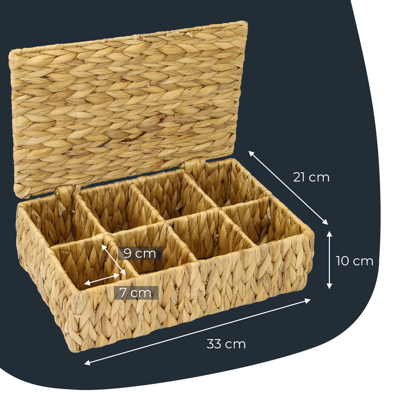 Eckige Teebox von HMF mit 8 Fächern, geflochten aus Wasserhyazinthe, in der Größe 33 x 21 x 10 cm