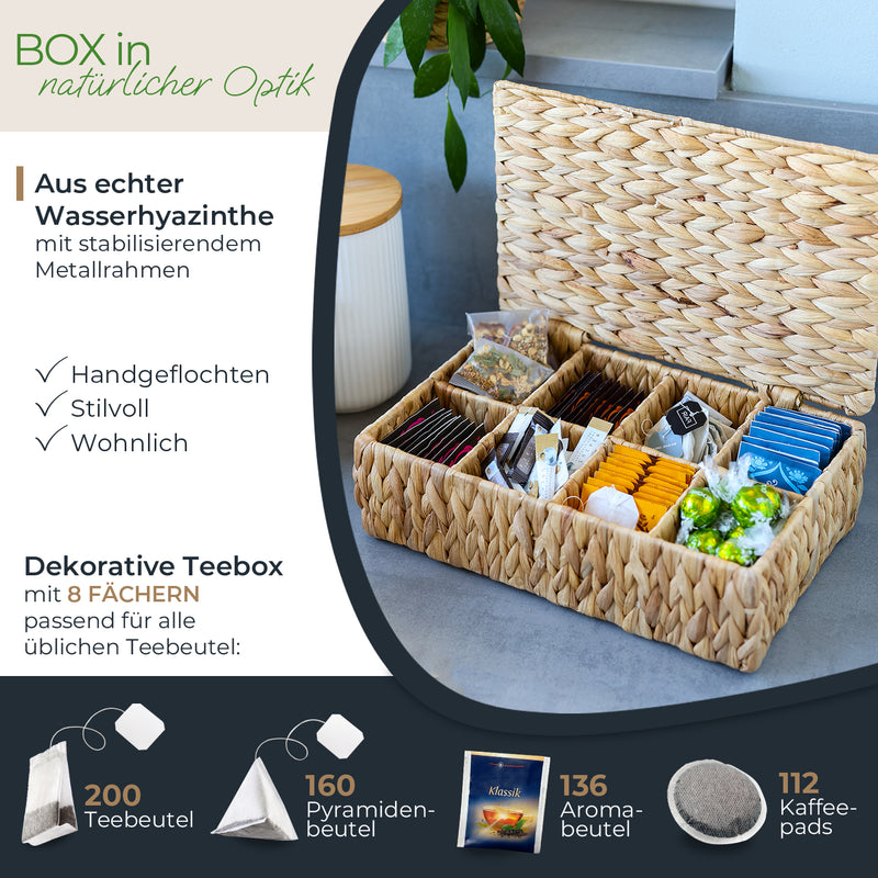 Eckige Teebox von HMF mit 8 Fächern, geflochten aus Wasserhyazinthe, in der Größe 33 x 21 x 10 cm