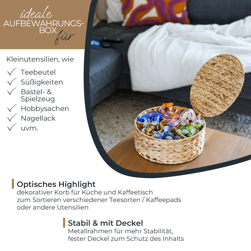 HMF 37291 Teebox für Teebeutel geflochten aus Seegras oder Wasserhyazinthe, Tee Aufbewahrungsbox mit 7 großen Fächern ,27 x 27 x 11 cm