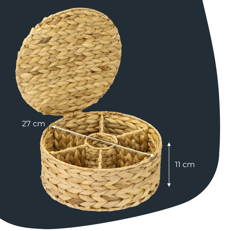 HMF 37291 Teebox für Teebeutel geflochten aus Seegras oder Wasserhyazinthe, Tee Aufbewahrungsbox mit 7 großen Fächern ,27 x 27 x 11 cm