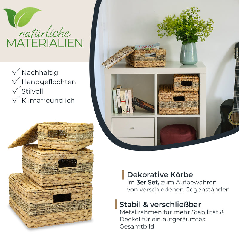 HMF Aufbewahrungskorb mit Deckel geflochten aus Wasserhyazinthe und Seegras im 3er Set