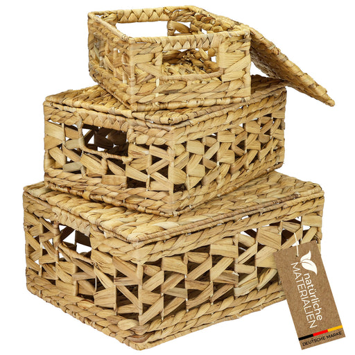 HMF Aufbewahrungskorb mit Deckel geflochten aus Wasserhyazinthe im 3er Set