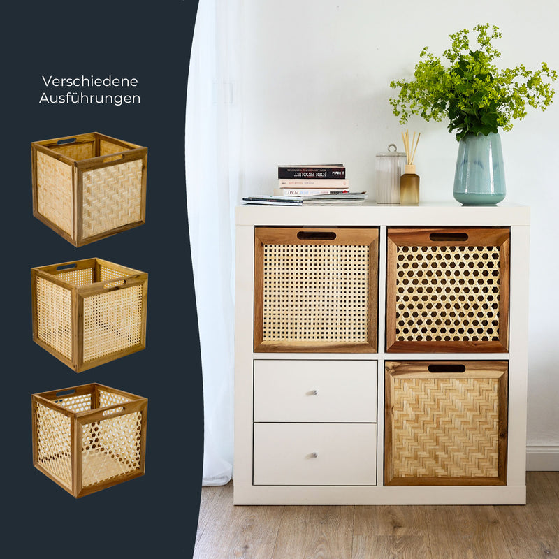 Aufbewahrungskorb passend für Kallax Regale, Korb aus Rattan mit Wiener Geflecht und Akazienholz, HMF 37640, 32 x 34 x 32 cm