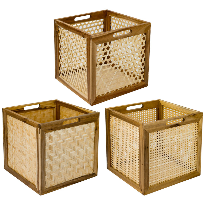 Aufbewahrungskorb passend für Kallax Regale, Korb aus Rattan mit Wiener Geflecht und Akazienholz, HMF 37640, 32 x 34 x 32 cm