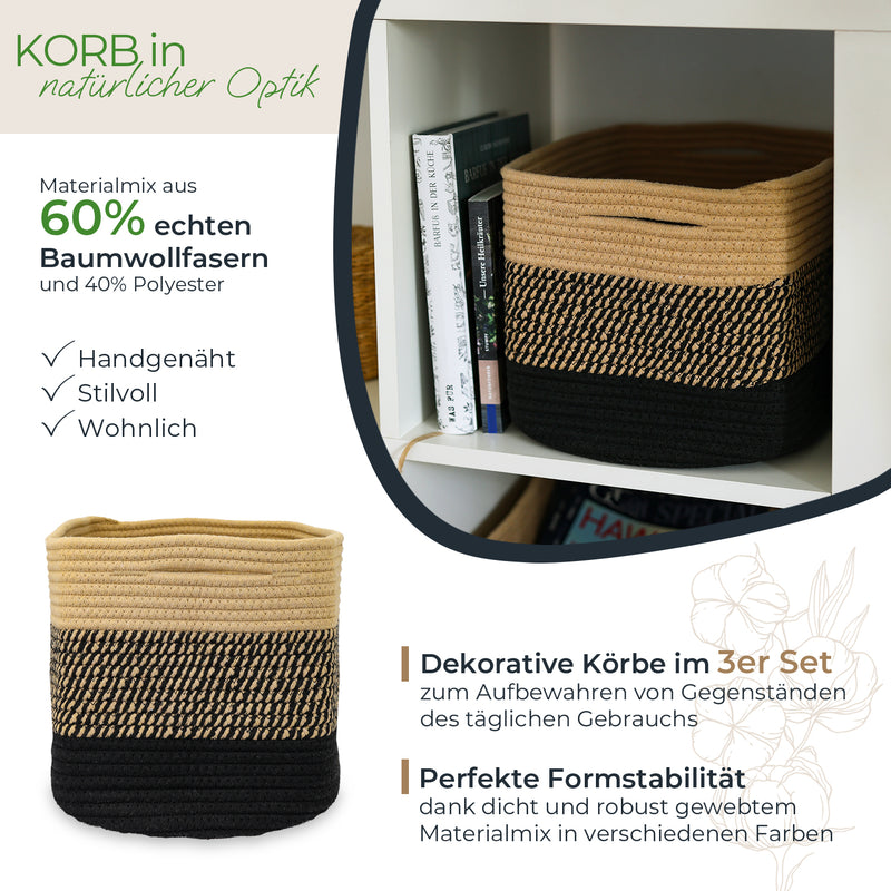 HMF 39010 Stoffkorb mit versteckten Griffen aus Baumwolle, Aufbewahrungskorb, 3er Set, 37,5 x 25 x 22,5 cm