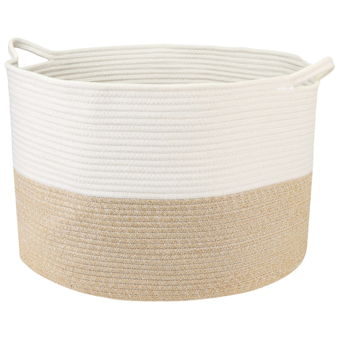 XXL runder Wäschekorb aus Baumwolle mit Griffen in Weiß-Braun