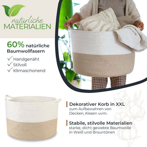 XXL runder Wäschekorb aus Baumwolle mit Griffen in Weiß-Braun