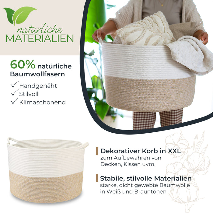 XXL runder Wäschekorb aus Baumwolle mit Griffen in Weiß-Braun