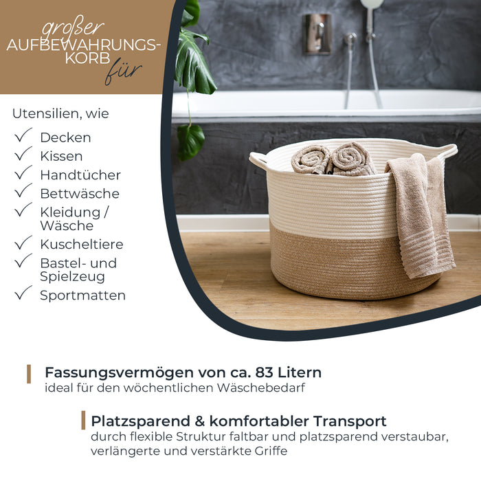 XXL runder Wäschekorb aus Baumwolle mit Griffen in Weiß-Braun