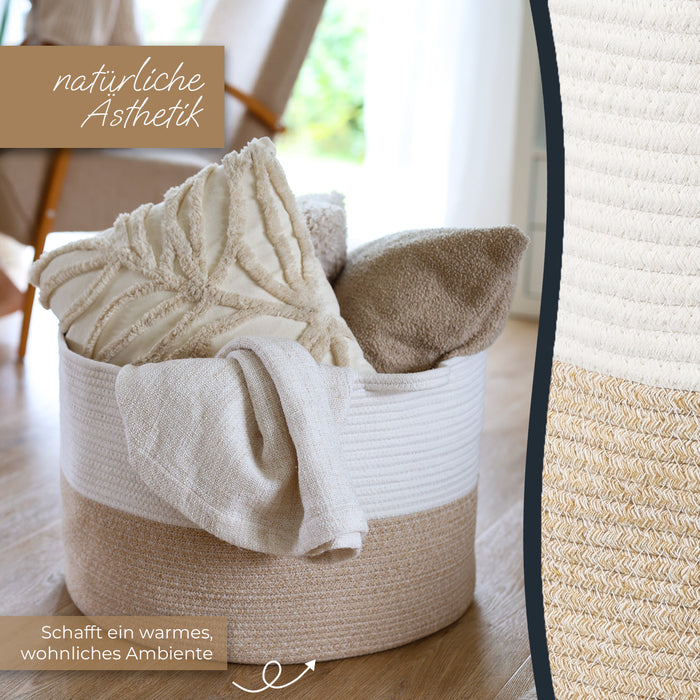 XXL runder Wäschekorb aus Baumwolle mit Griffen in Weiß-Braun