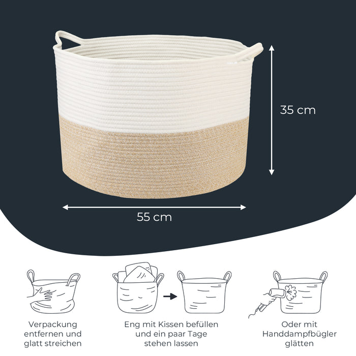 XXL runder Wäschekorb aus Baumwolle mit Griffen in Weiß-Braun