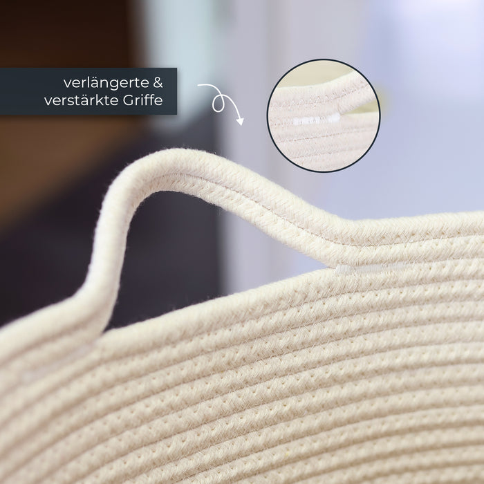 XXL runder Wäschekorb aus Baumwolle mit Griffen in Weiß-Braun