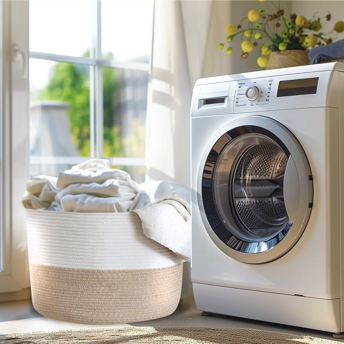 XXL runder Wäschekorb aus Baumwolle mit Griffen in Weiß-Braun