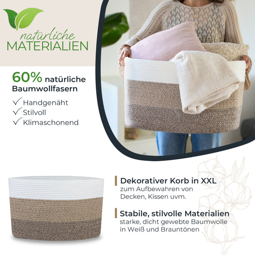 HMF XXL Wäschekorb aus Baumwolle mit Griffen in Weiß-Braun