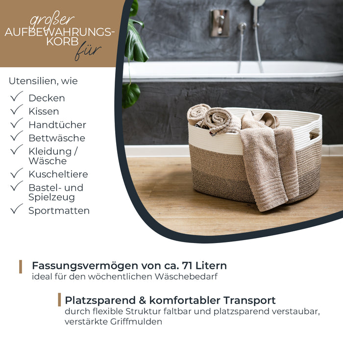 XXL Wäschekorb aus Baumwolle mit Griffen 55 x 43 x 30 cm in Weiß-Braun