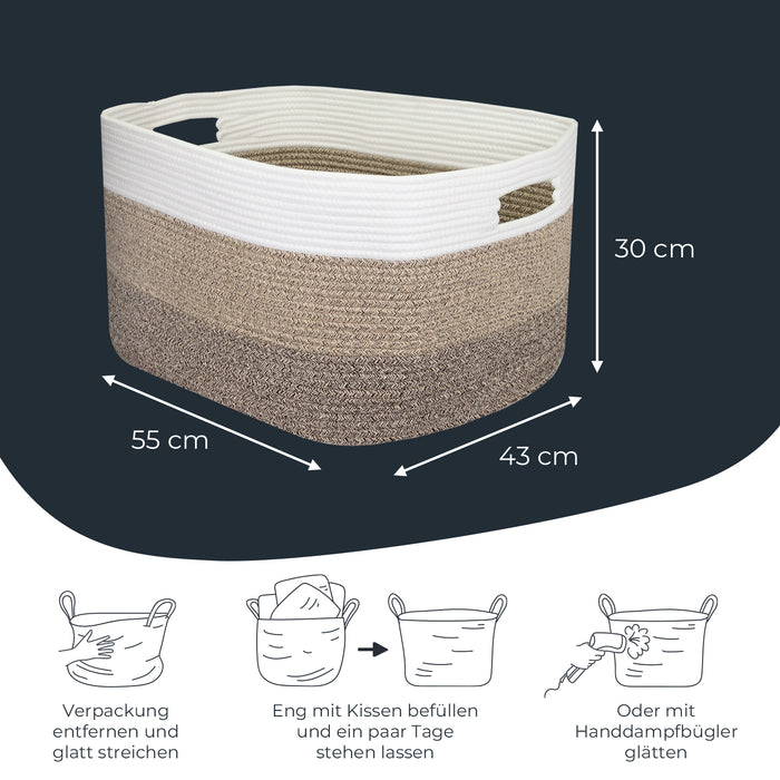 XXL Wäschekorb aus Baumwolle mit Griffen 55 x 43 x 30 cm in Weiß-Braun