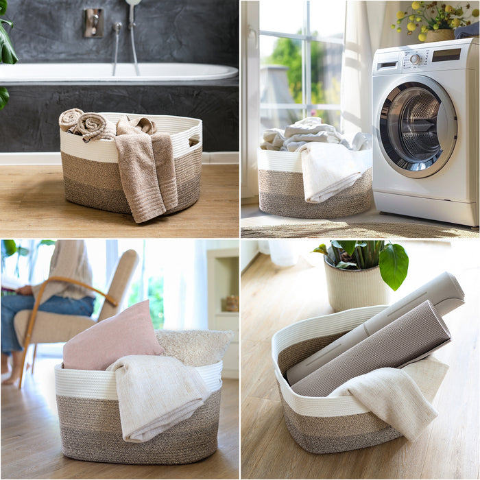 XXL Wäschekorb aus Baumwolle mit Griffen 55 x 43 x 30 cm in Weiß-Braun