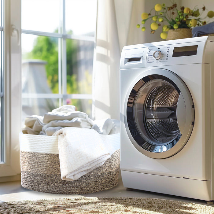 XXL Wäschekorb aus Baumwolle mit Griffen 55 x 43 x 30 cm in Weiß-Braun