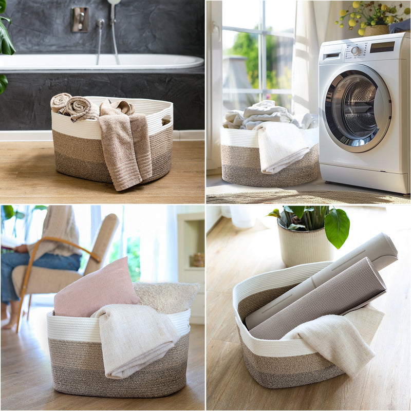 XXL Wäschekorb aus Baumwolle mit Griffen 55 x 43 x 30 cm in Weiß-Braun