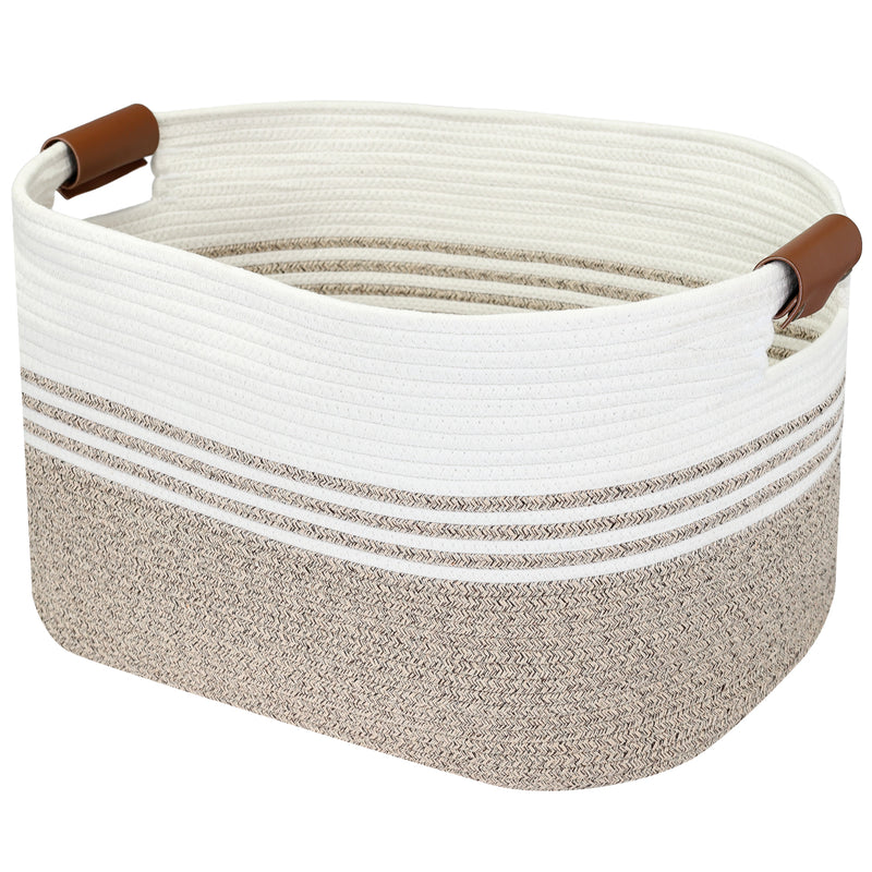 Aufbewahrungskorb XXL Wäschekorb aus Baumwolle, rechteckiger Aufbewahrungskorb mit Kunstledergriffen, HMF 39013-55CM-81, 55 x 43 x 30 cm, Weiß-Braun