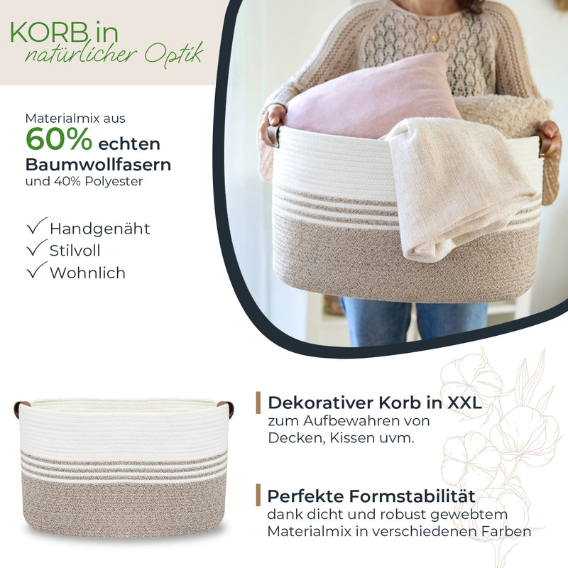 Aufbewahrungskorb XXL Wäschekorb aus Baumwolle, rechteckiger Aufbewahrungskorb mit Kunstledergriffen, HMF 39013-55CM-81, 55 x 43 x 30 cm, Weiß-Braun