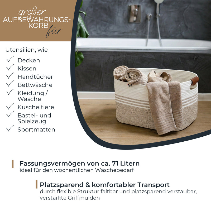 Aufbewahrungskorb XXL Wäschekorb aus Baumwolle, rechteckiger Aufbewahrungskorb mit Kunstledergriffen, HMF 39013-55CM-81, 55 x 43 x 30 cm, Weiß-Braun