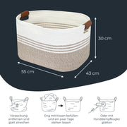 Aufbewahrungskorb XXL Wäschekorb aus Baumwolle, rechteckiger Aufbewahrungskorb mit Kunstledergriffen, HMF 39013-55CM-81, 55 x 43 x 30 cm, Weiß-Braun