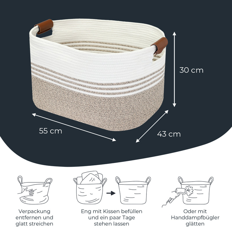 Aufbewahrungskorb XXL Wäschekorb aus Baumwolle, rechteckiger Aufbewahrungskorb mit Kunstledergriffen, HMF 39013-55CM-81, 55 x 43 x 30 cm, Weiß-Braun