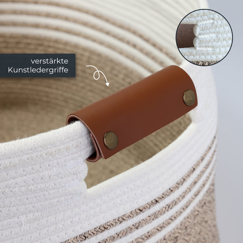 Aufbewahrungskorb XXL Wäschekorb aus Baumwolle, rechteckiger Aufbewahrungskorb mit Kunstledergriffen, HMF 39013-55CM-81, 55 x 43 x 30 cm, Weiß-Braun