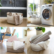 Aufbewahrungskorb XXL Wäschekorb aus Baumwolle, rechteckiger Aufbewahrungskorb mit Kunstledergriffen, HMF 39013-55CM-81, 55 x 43 x 30 cm, Weiß-Braun