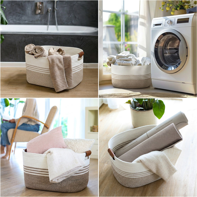 Aufbewahrungskorb XXL Wäschekorb aus Baumwolle, rechteckiger Aufbewahrungskorb mit Kunstledergriffen, HMF 39013-55CM-81, 55 x 43 x 30 cm, Weiß-Braun