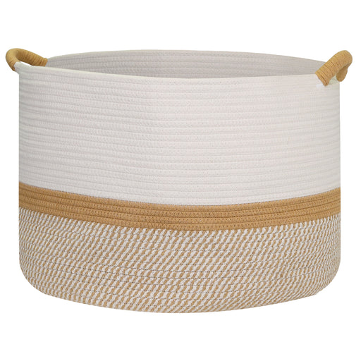 Aufbewahrungskorb mit verlängerten Griffen, runder Korb aus Baumwolle, Weiß-Braun