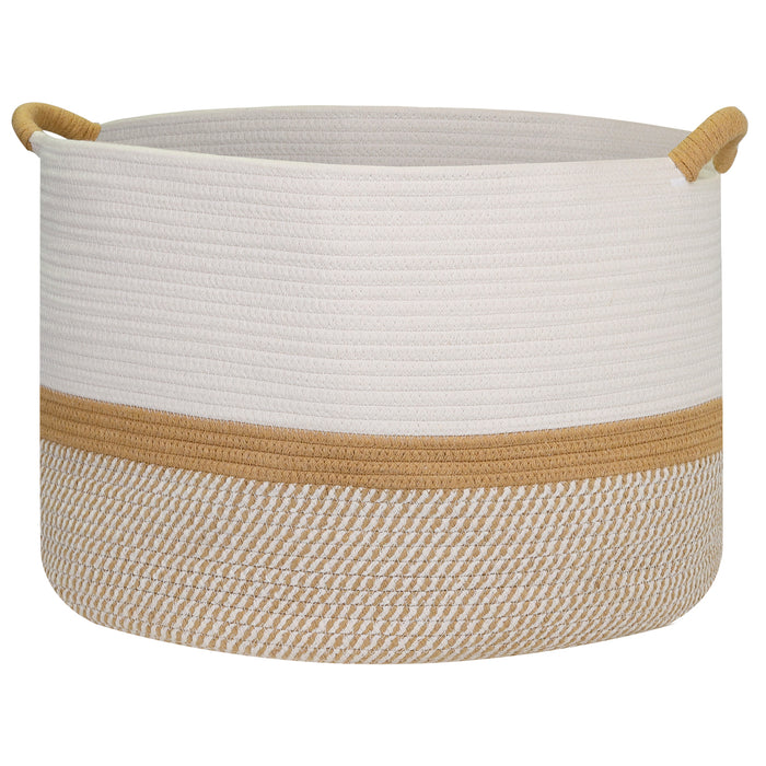 Aufbewahrungskorb mit verlängerten Griffen, runder Korb aus Baumwolle, Weiß-Braun