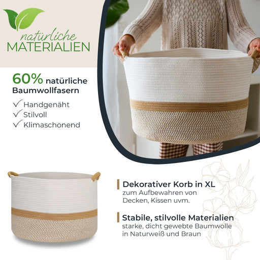 Aufbewahrungskorb mit verlängerten Griffen, runder Korb aus Baumwolle, Weiß-Braun