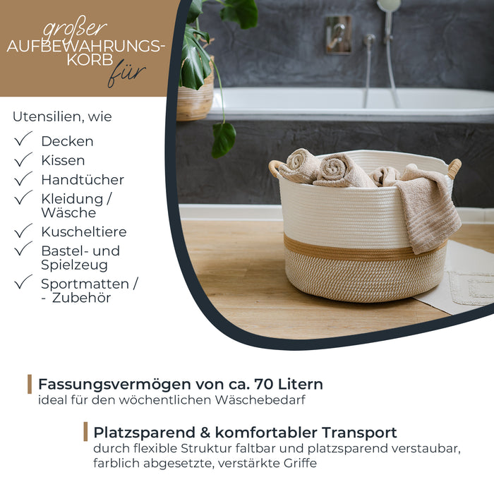 Aufbewahrungskorb mit verlängerten Griffen, runder Korb aus Baumwolle, Weiß-Braun