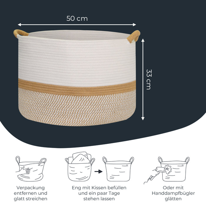 Aufbewahrungskorb mit verlängerten Griffen, runder Korb aus Baumwolle, Weiß-Braun