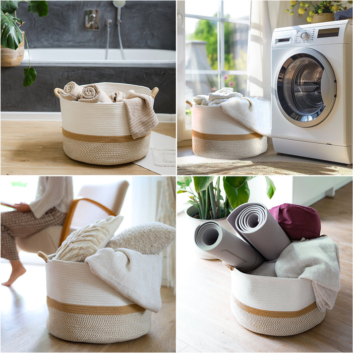 Aufbewahrungskorb mit verlängerten Griffen, runder Korb aus Baumwolle, Weiß-Braun