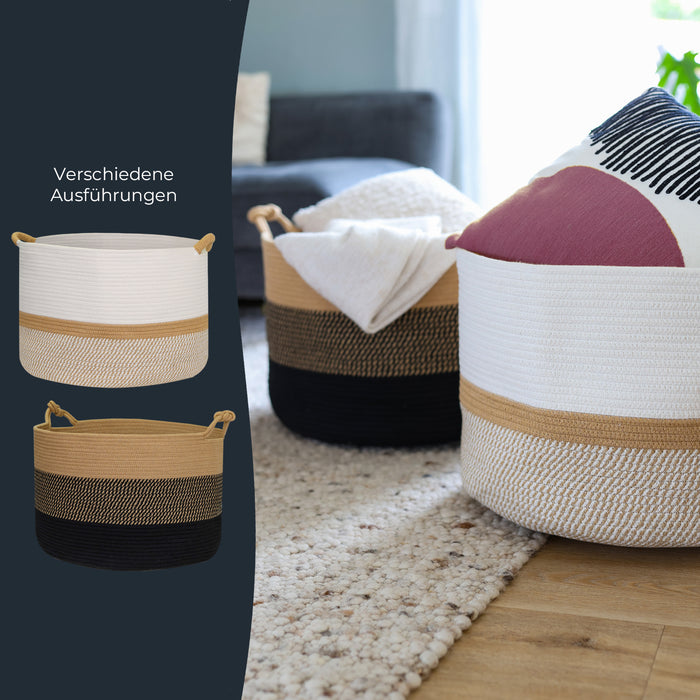 Aufbewahrungskorb mit verlängerten Griffen, runder Korb aus Baumwolle, Weiß-Braun