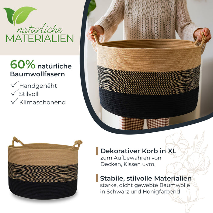 Aufbewahrungskorb mit verlängerten Griffen, runder Korb aus Baumwolle, Schwarz-Honig