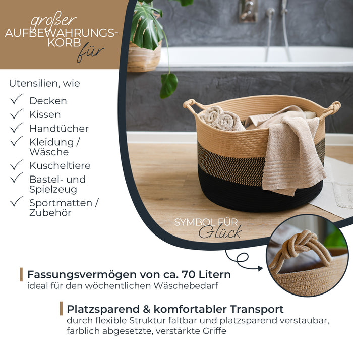 Aufbewahrungskorb mit verlängerten Griffen, runder Korb aus Baumwolle, Schwarz-Honig