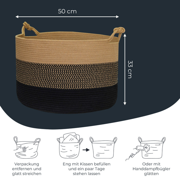 Aufbewahrungskorb mit verlängerten Griffen, runder Korb aus Baumwolle, Schwarz-Honig