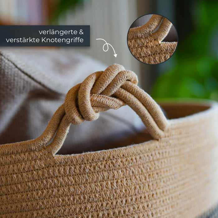 Aufbewahrungskorb mit verlängerten Griffen, runder Korb aus Baumwolle, Schwarz-Honig