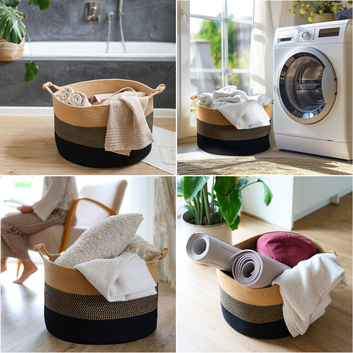 Aufbewahrungskorb mit verlängerten Griffen, runder Korb aus Baumwolle, Schwarz-Honig