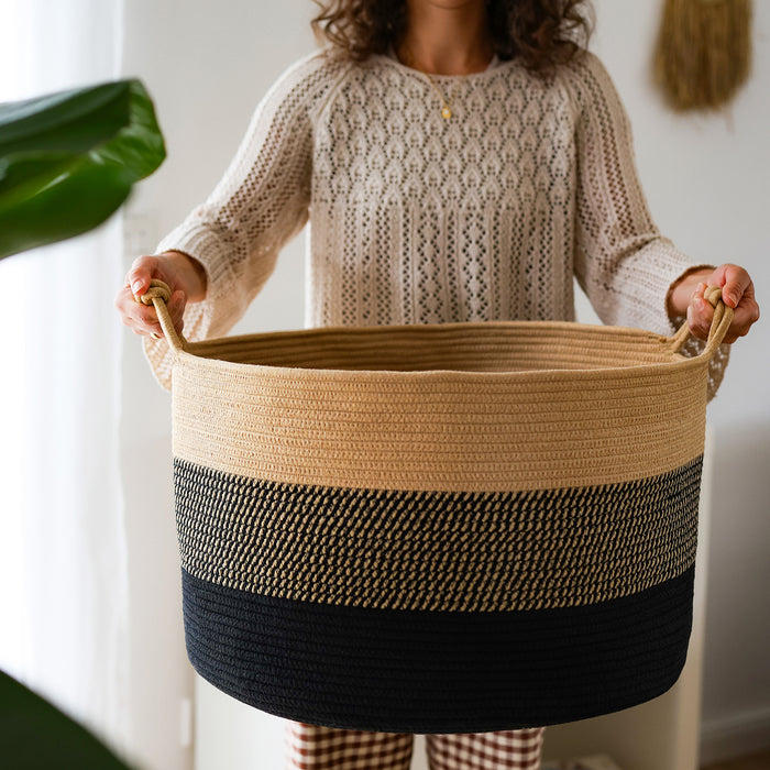 Aufbewahrungskorb mit verlängerten Griffen, runder Korb aus Baumwolle, Schwarz-Honig