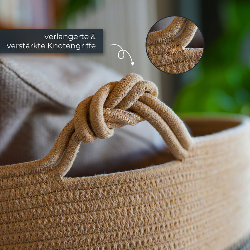 Aufbewahrungskorb mit verlängerten Griffen, runder Korb aus Baumwolle, Schwarz-Honig