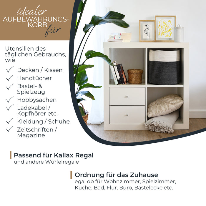 Stoffkorb mit versteckten Griffen aus Baumwolle passend für Kallax, 31 x 31 cm weiß-grau