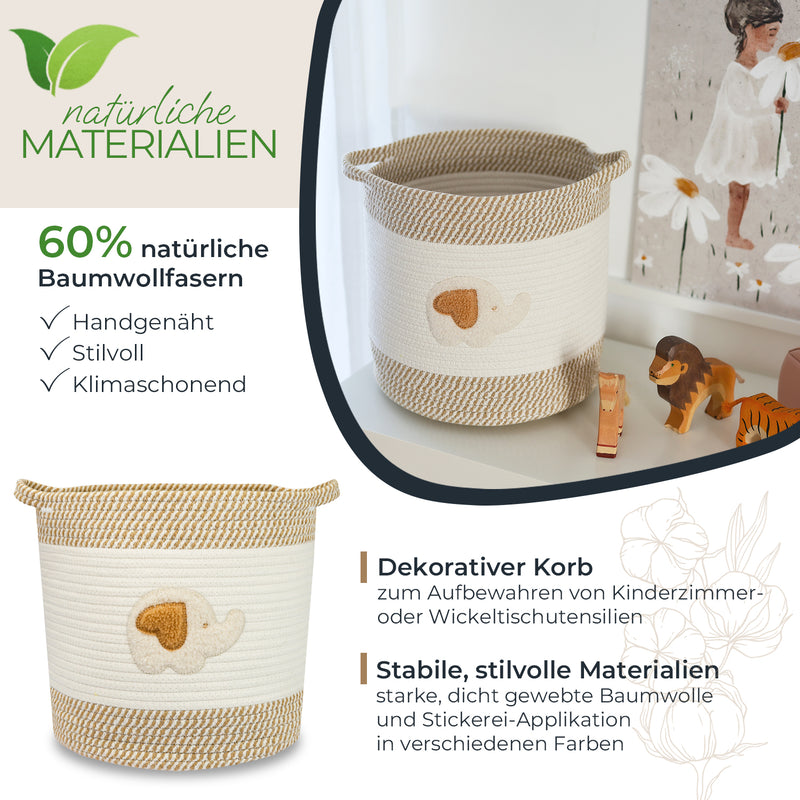 HMF Aufbewahrungskorb mit verlängerten Griffen, runder Korb aus Baumwolle für Kinderzimmer oder Babyzimmer, Elefant, 30,5 x 30,5 cm HMF 39020-30CM-ELE